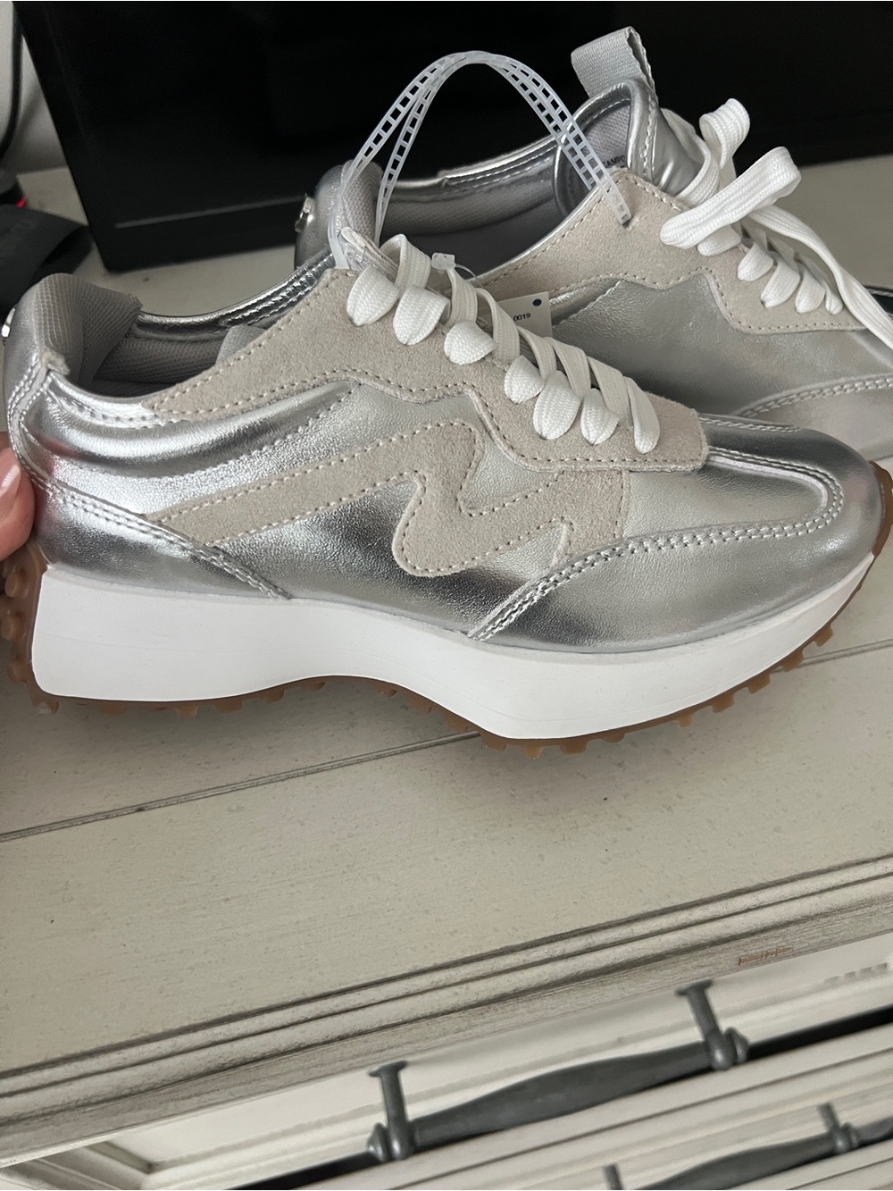 Steve Madden Metallic Silver & Cream Platform Sneakers with Gum Tread - Picture 12 of 12